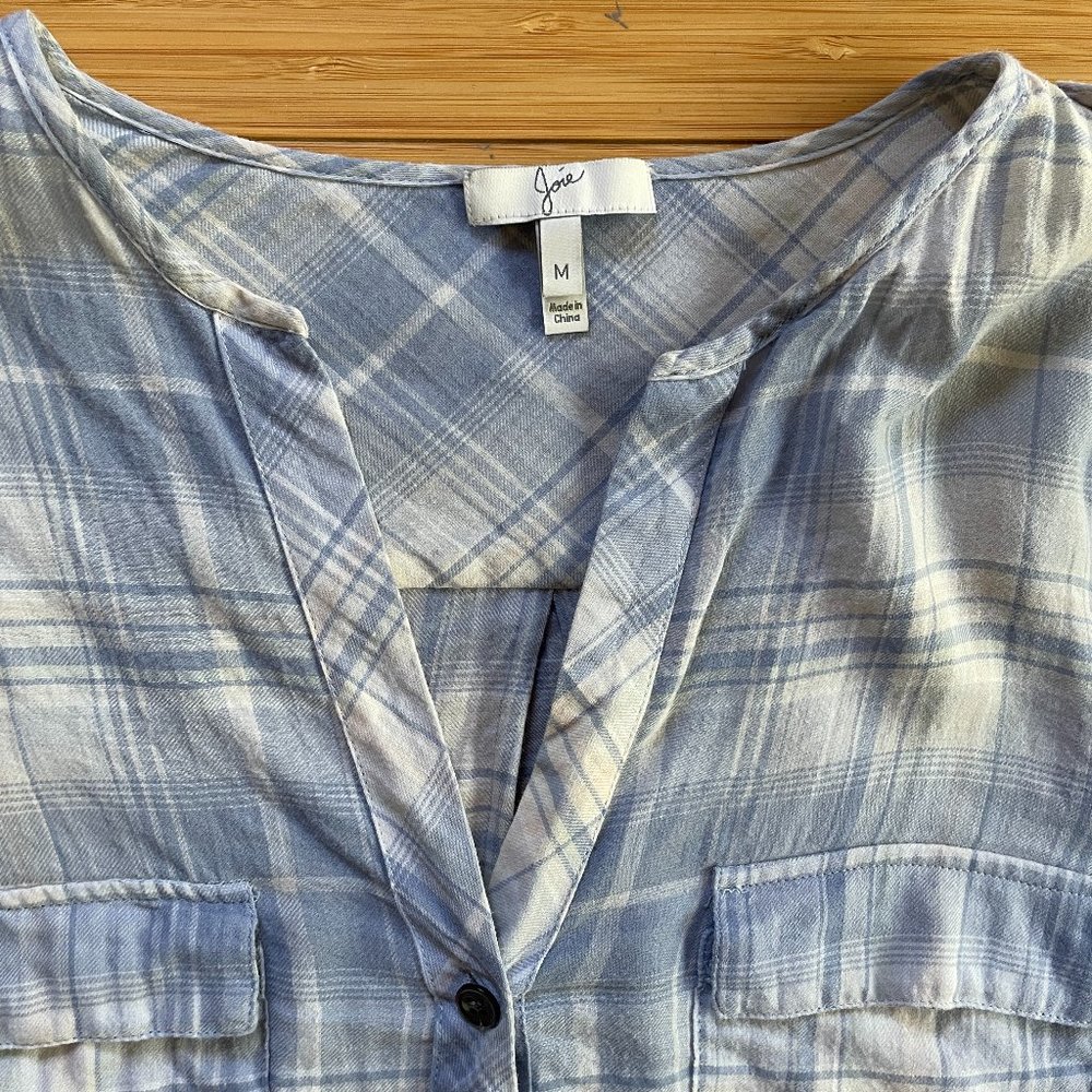 Joie Aleta Plaid Band Collar Button Up V-neck Shirt